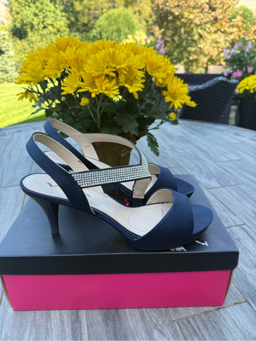 Nina Navy Slingback Heels with Rhinestone Straps